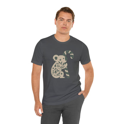 Floral Koala with Candy Cane Christmas Tee | Botanical Animal Woodland T-Shirt