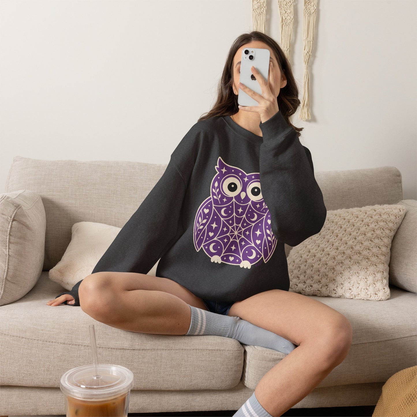 Decorative Folk Owl Crewneck Sweatshirt | Vintage Graphic Pullover
