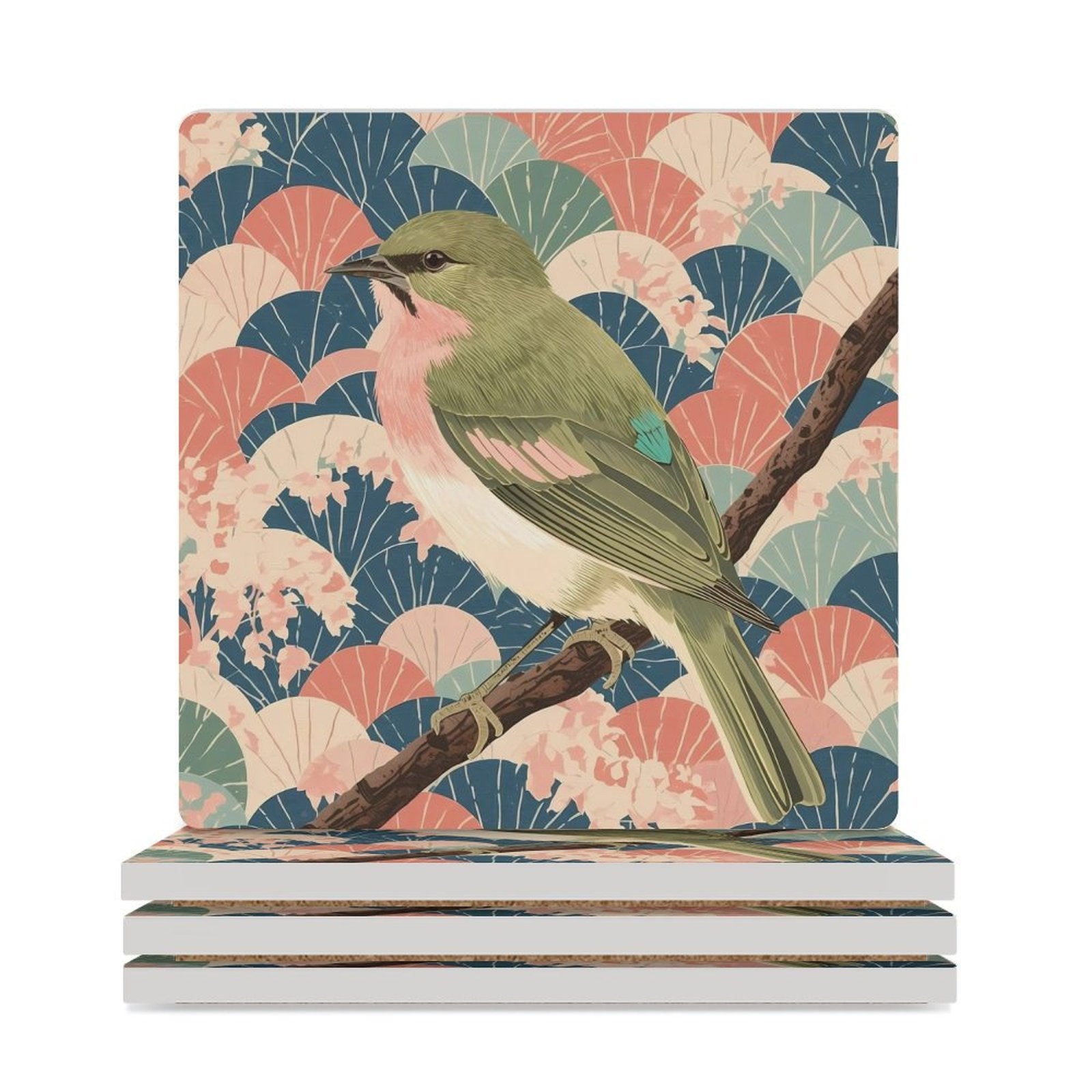 Songbird Serenity Japanese Ukiyo-e Inspired Ceramic Coasters (Set of 4 or 6) white