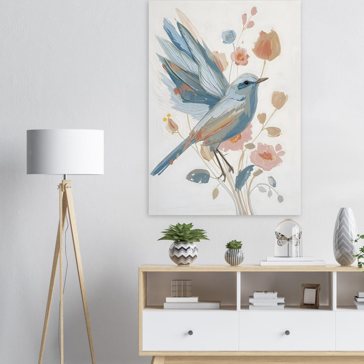 Abstract Impressionist Bird & Blossom Fine Art Poster - Soft Blue & Blush Hues