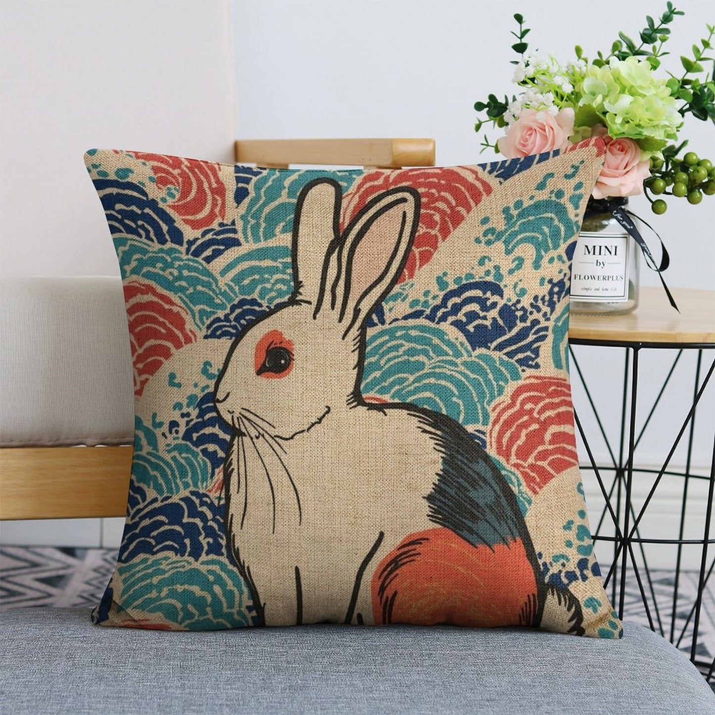 Vivid Rabbit Linen Cushion Pillow Cover — Double-Sided Print, 45×45cm