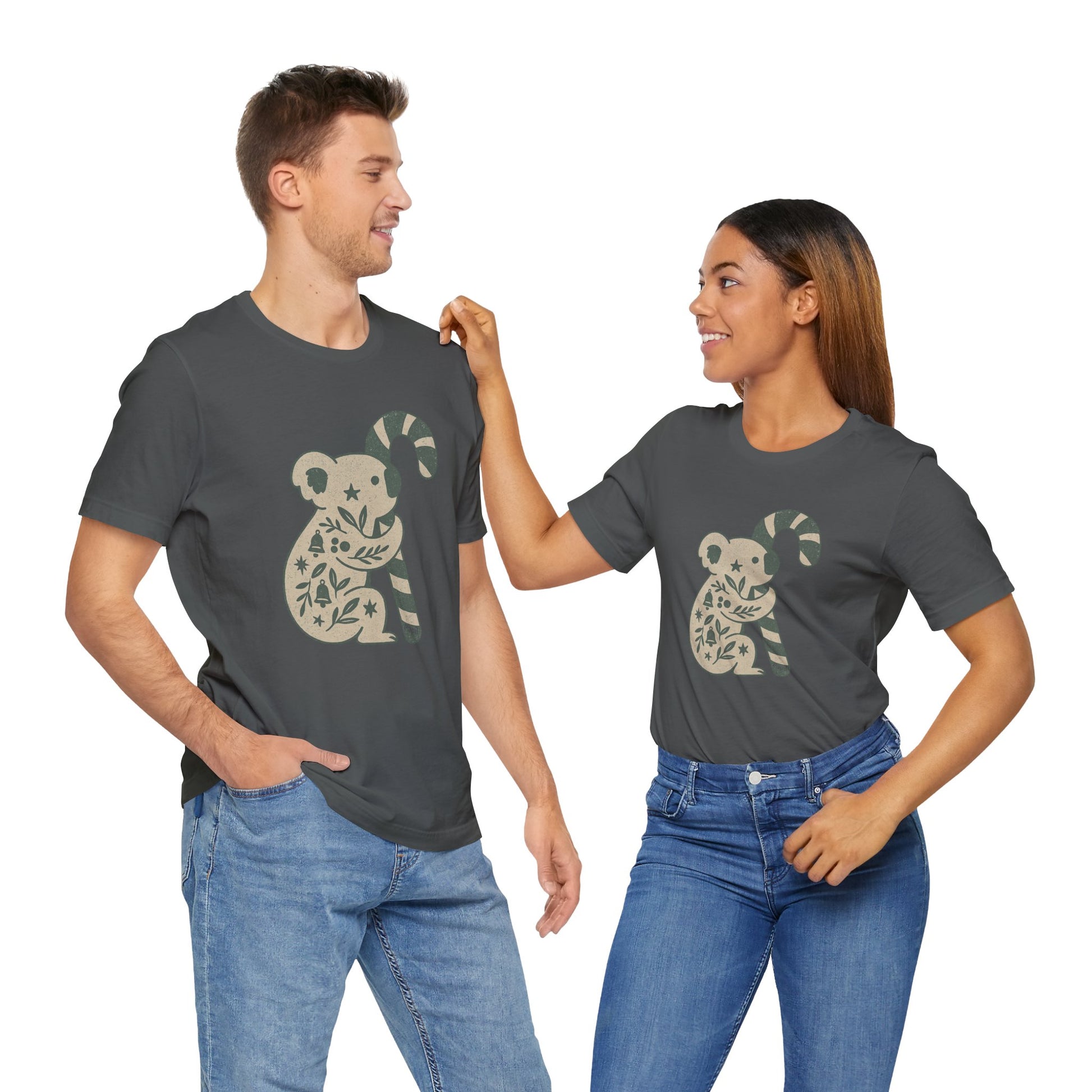 Floral Koala with Candy Cane Christmas Tee | Botanical Animal Woodland T-Shirt