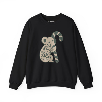 Floral Koala with Candy Cane Christmas Sweater | Botanical Animal Woodland Sweatshirt Black