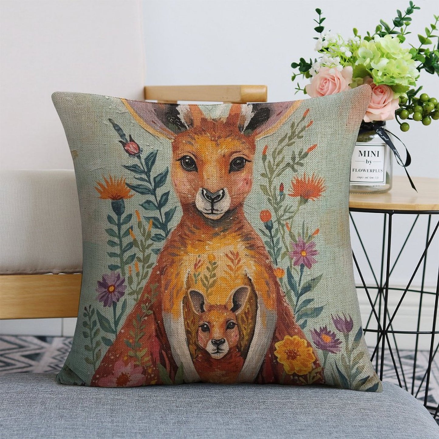 Kangaroo & Joey Linen Cushion Pillow Cover — Double-Sided Print, 45×45cm