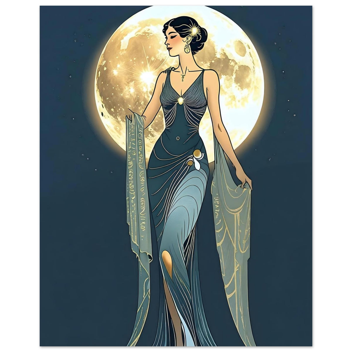 Art Deco Diva Moonlit Fine Art Poster - A Touch of Roaring Twenties Glamour for Your Walls 40x50 cm 16x20″
