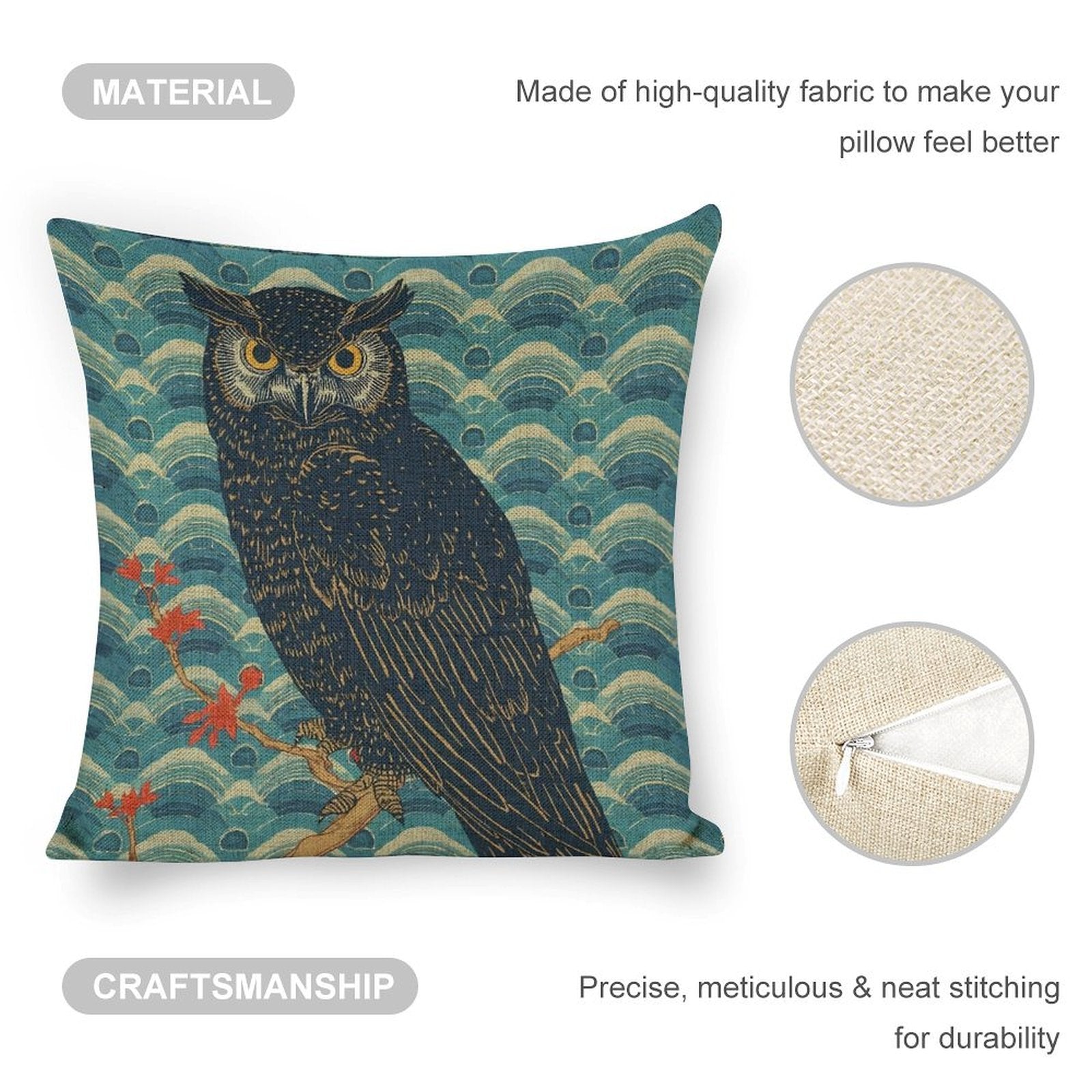 Majestic Owl Linen Cushion Pillow Cover — Double-Sided Print, 45×45cm