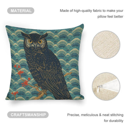 Majestic Owl Linen Cushion Pillow Cover — Double-Sided Print, 45×45cm