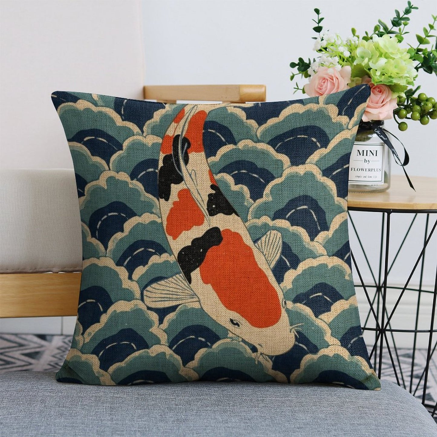 Koi Harmony Linen Cushion Pillow Cover — Double-Sided Print, 45×45cm