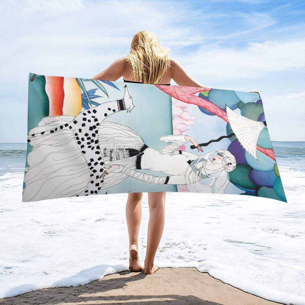 Gentle Companionship – Premium Beach Towel | Vintage Lady & Dog Art | 160×80 cm