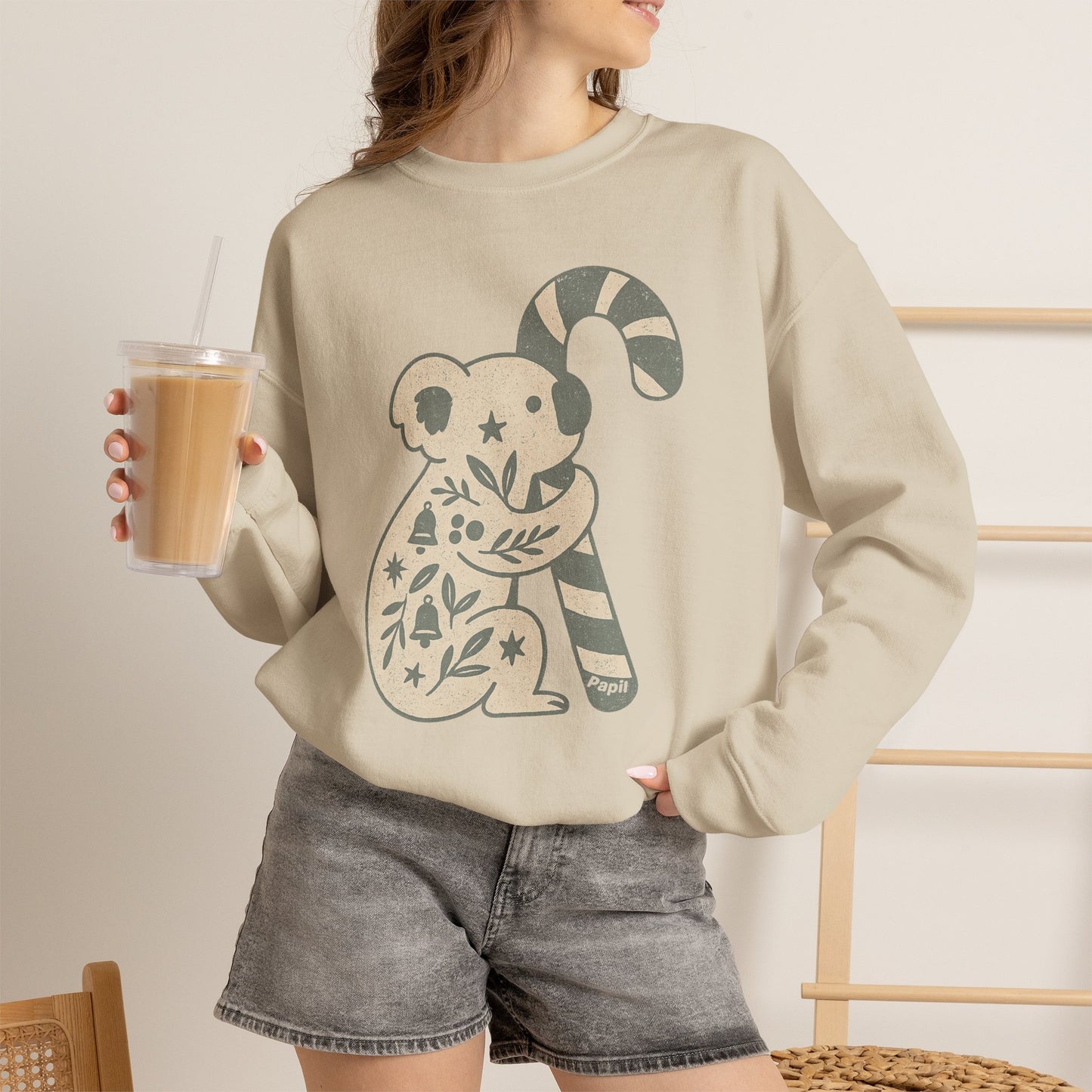 Koala Candy Cane Crewneck Christmas Sweatshirt — Whimsical Floral Australian Koala Holiday Sweatshirt