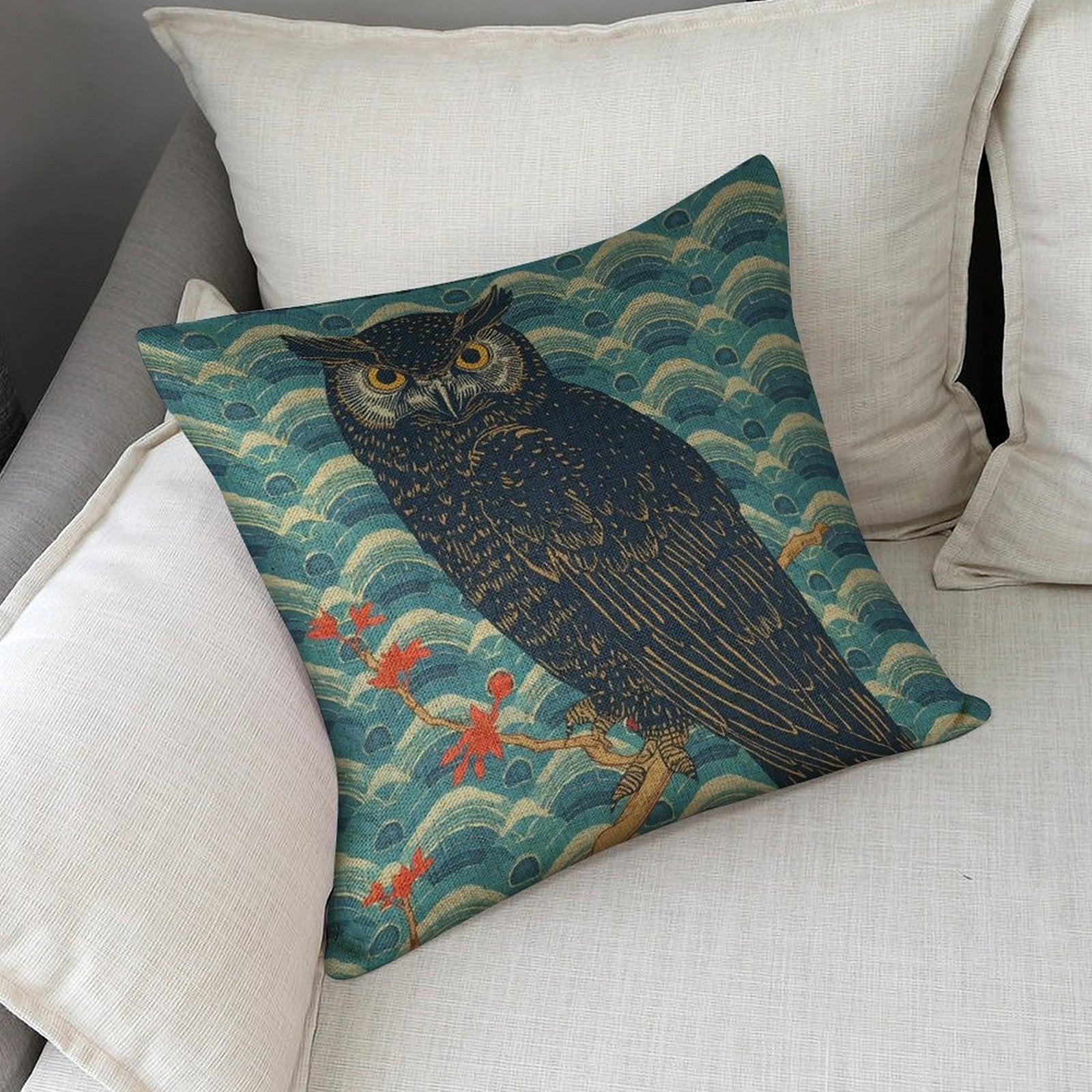 Majestic Owl Linen Cushion Pillow Cover — Double-Sided Print, 45×45cm