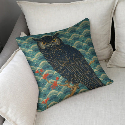Majestic Owl Linen Cushion Pillow Cover — Double-Sided Print, 45×45cm