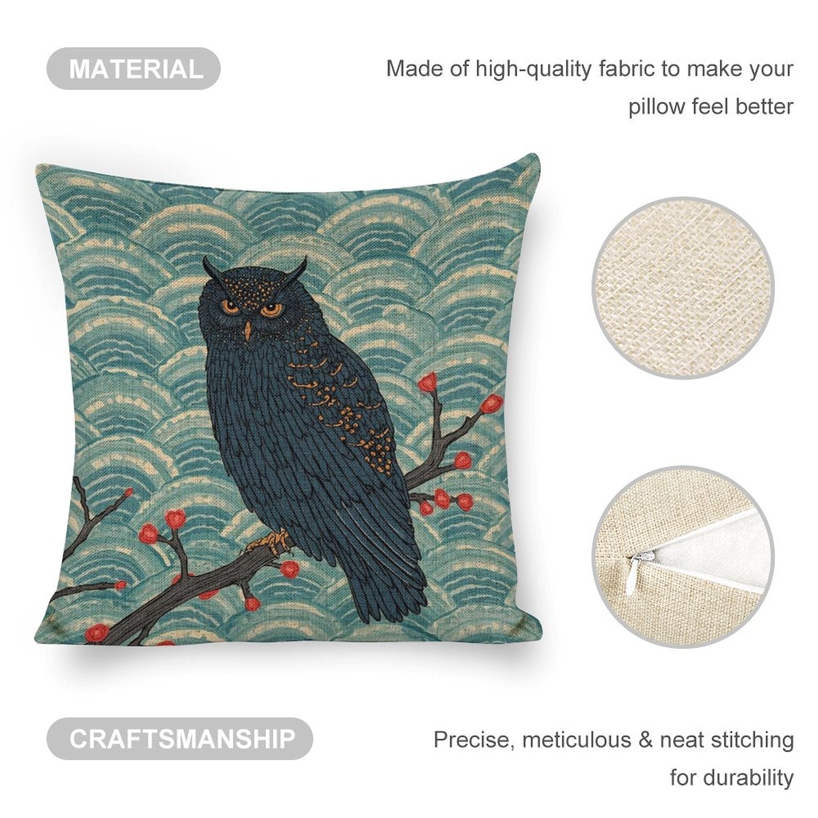 Nocturne Owl Linen Cushion Pillow Cover — Double-Sided Print, 45×45cm