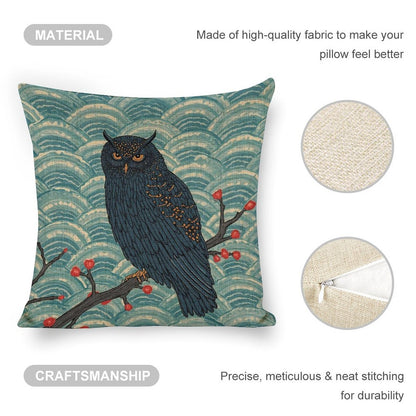 Nocturne Owl Linen Cushion Pillow Cover — Double-Sided Print, 45×45cm
