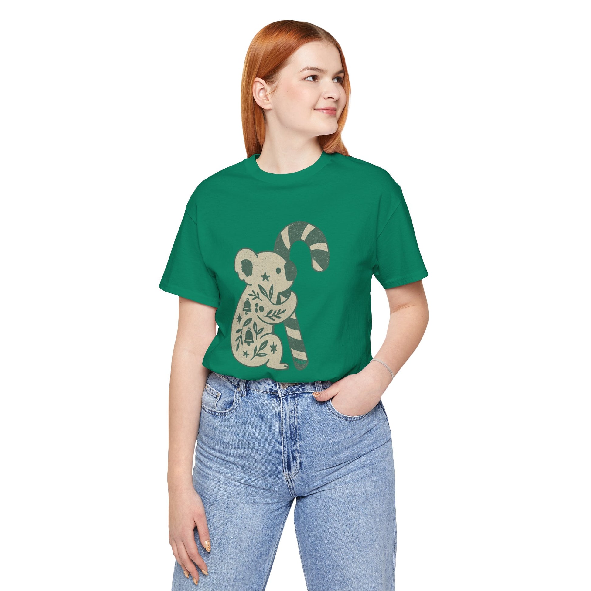 Floral Koala with Candy Cane Christmas Tee | Botanical Animal Woodland T-Shirt