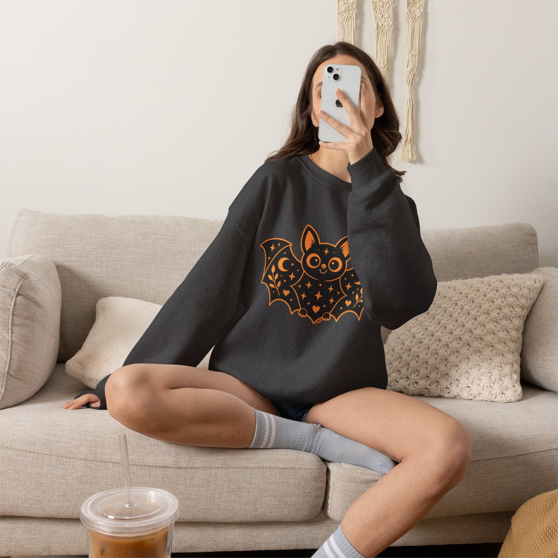 Cute Purple Bat Crewneck Sweatshirt | Kawaii Night Sky Halloween Pullover