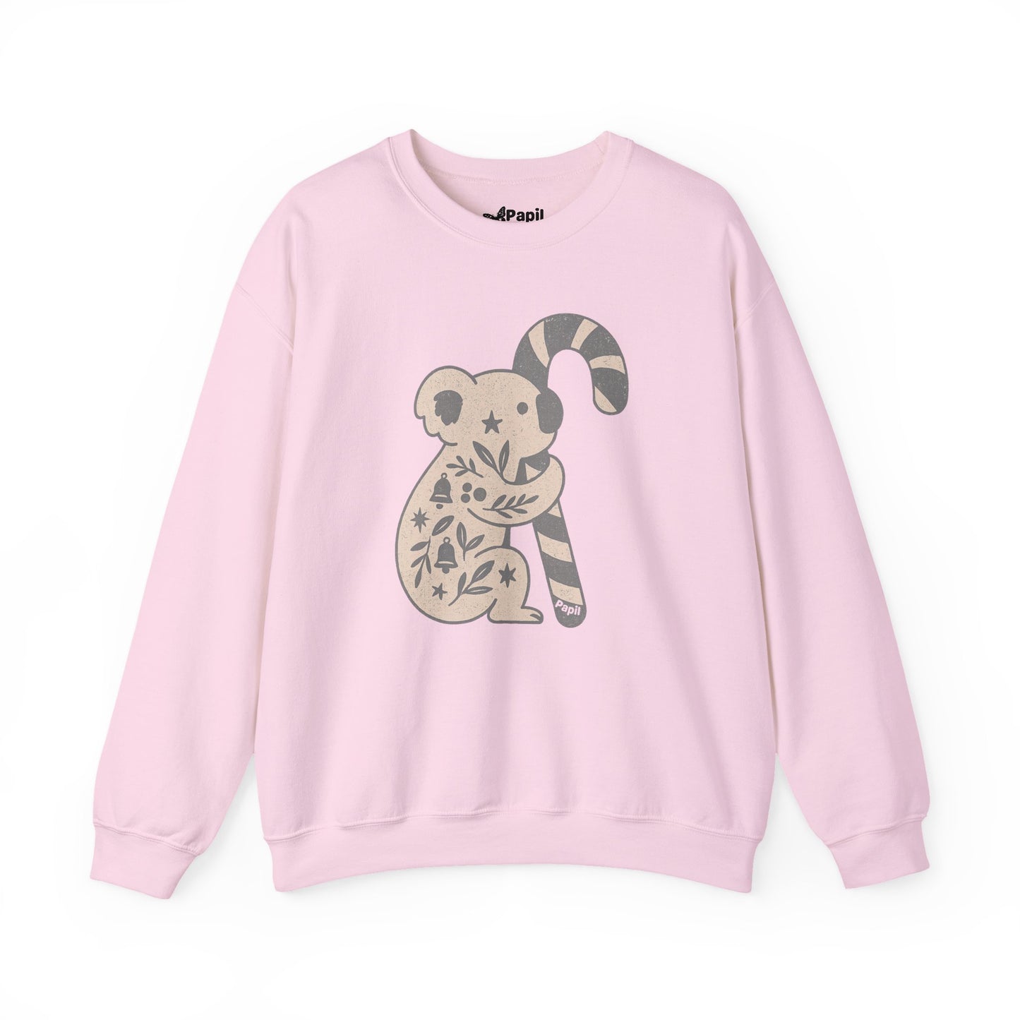 Floral Koala with Candy Cane Christmas Sweater | Botanical Animal Woodland Sweatshirt Light Pink