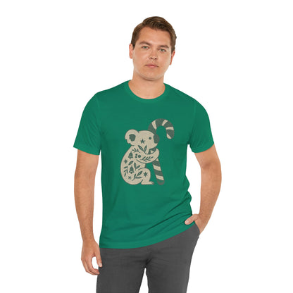 Floral Koala with Candy Cane Christmas Tee | Botanical Animal Woodland T-Shirt