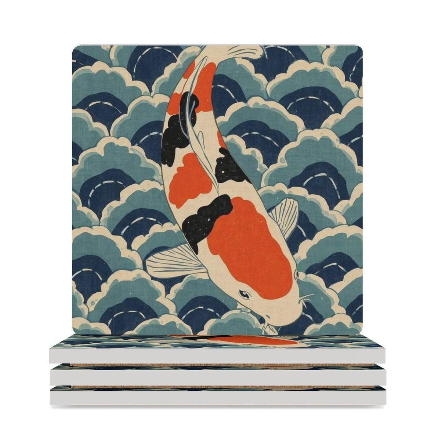 Koi Harmony Japanese Ukiyo-e Inspired Ceramic Coasters (Set of 4 or 6) white