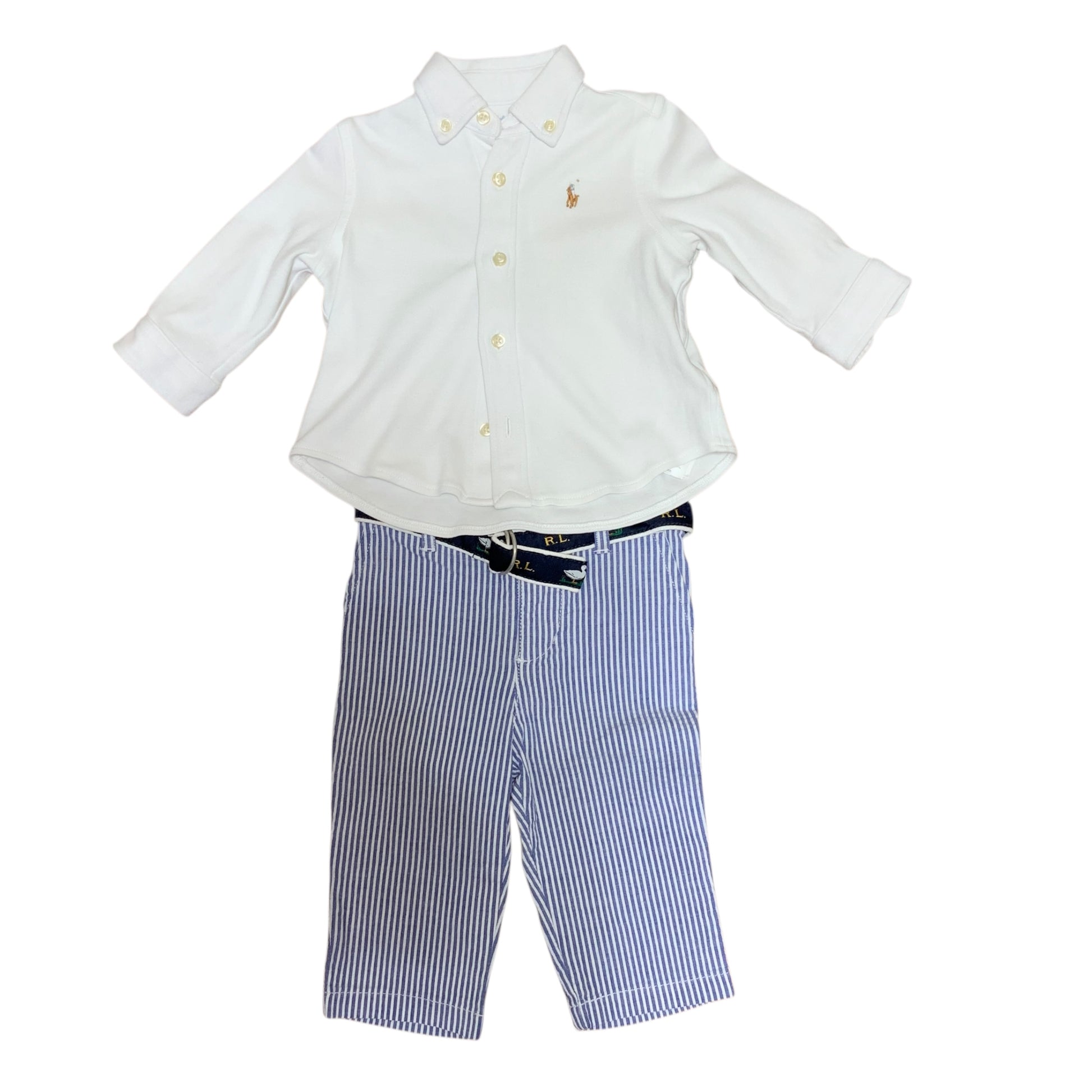Ralph Lauren | Baby Boys 2-Piece Outfit | White Shirt | Blue Stripe Pants | 6 Months | Pre-Owned