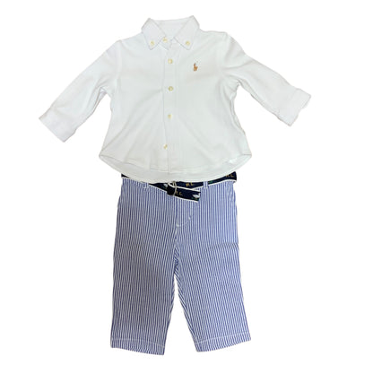 Ralph Lauren | Baby Boys 2-Piece Outfit | White Shirt | Blue Stripe Pants | 6 Months | Pre-Owned