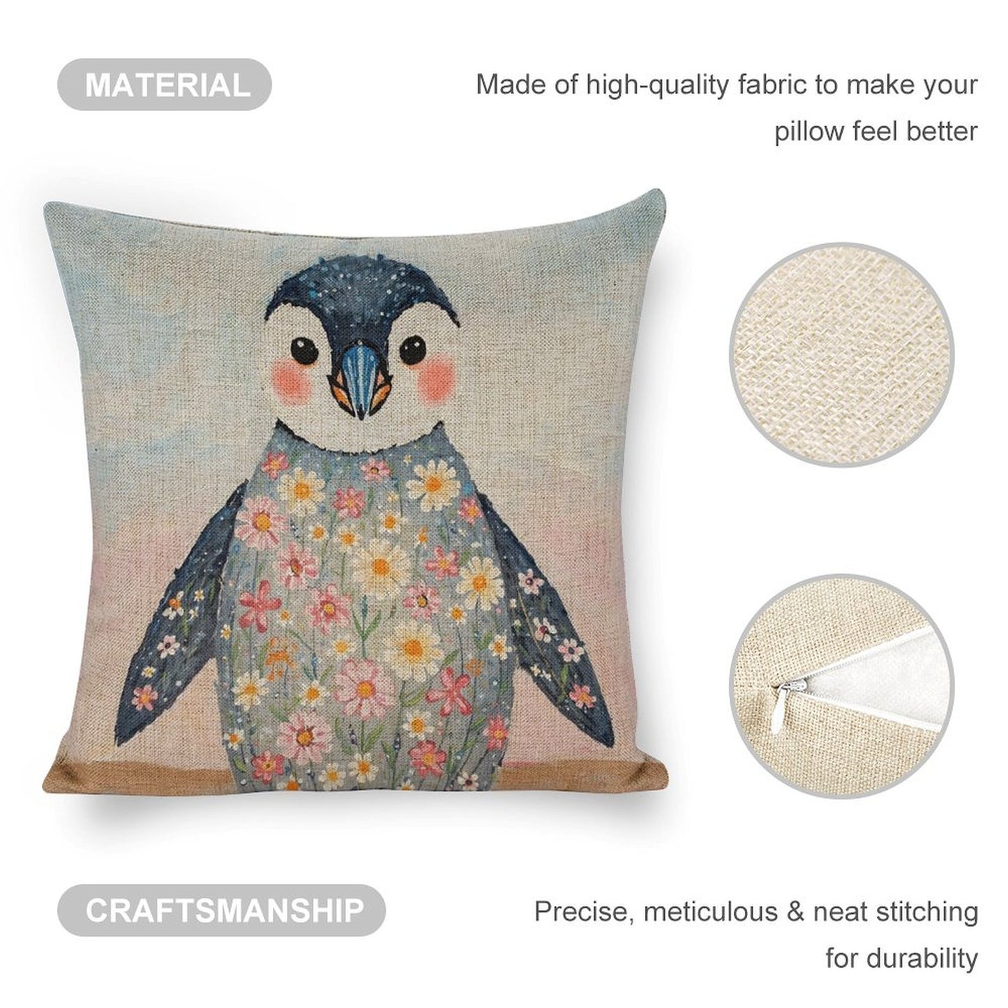 Floral Penguin Linen Cushion Pillow Cover — Double-Sided Print, 45×45cm