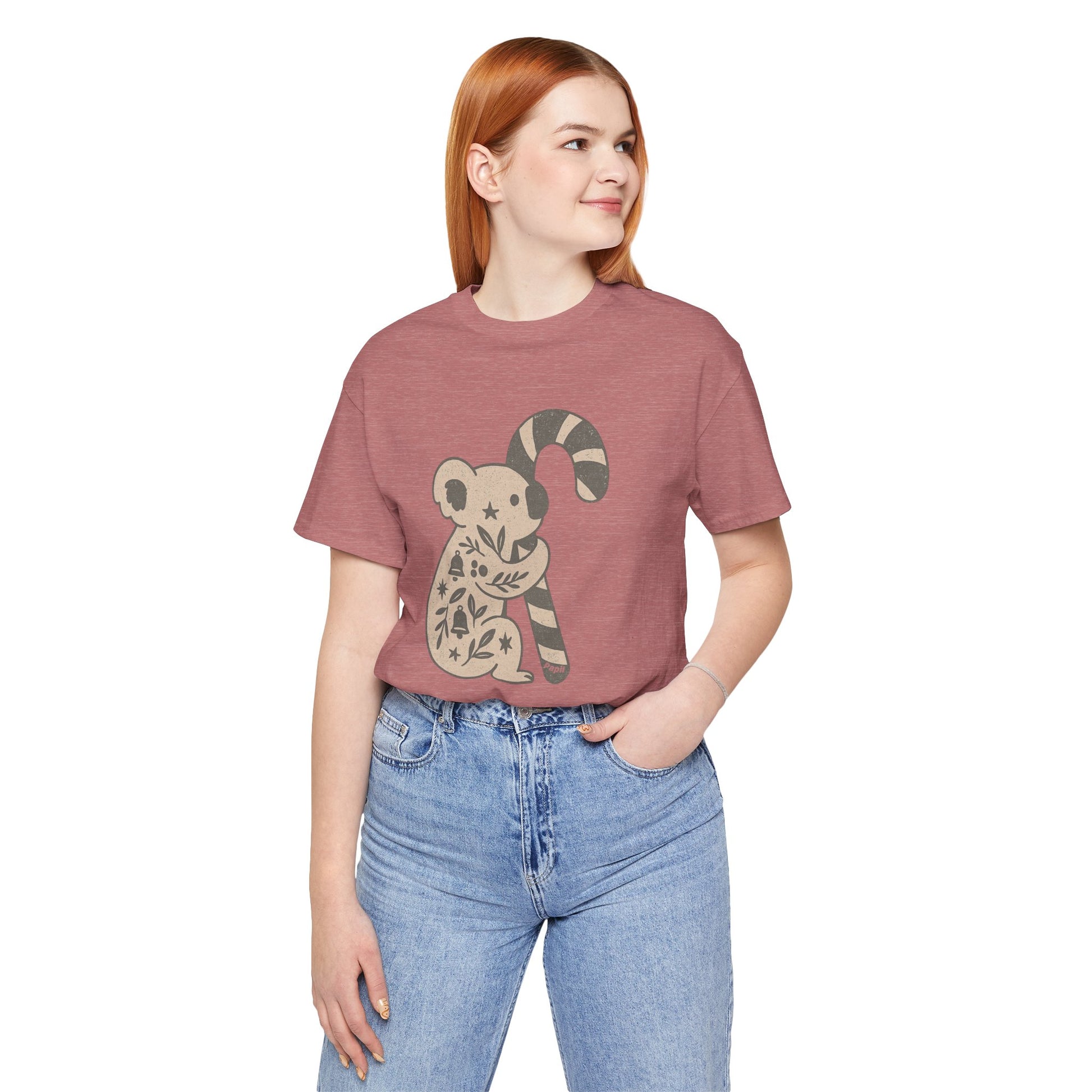 Floral Koala with Candy Cane Christmas Tee | Botanical Animal Woodland T-Shirt