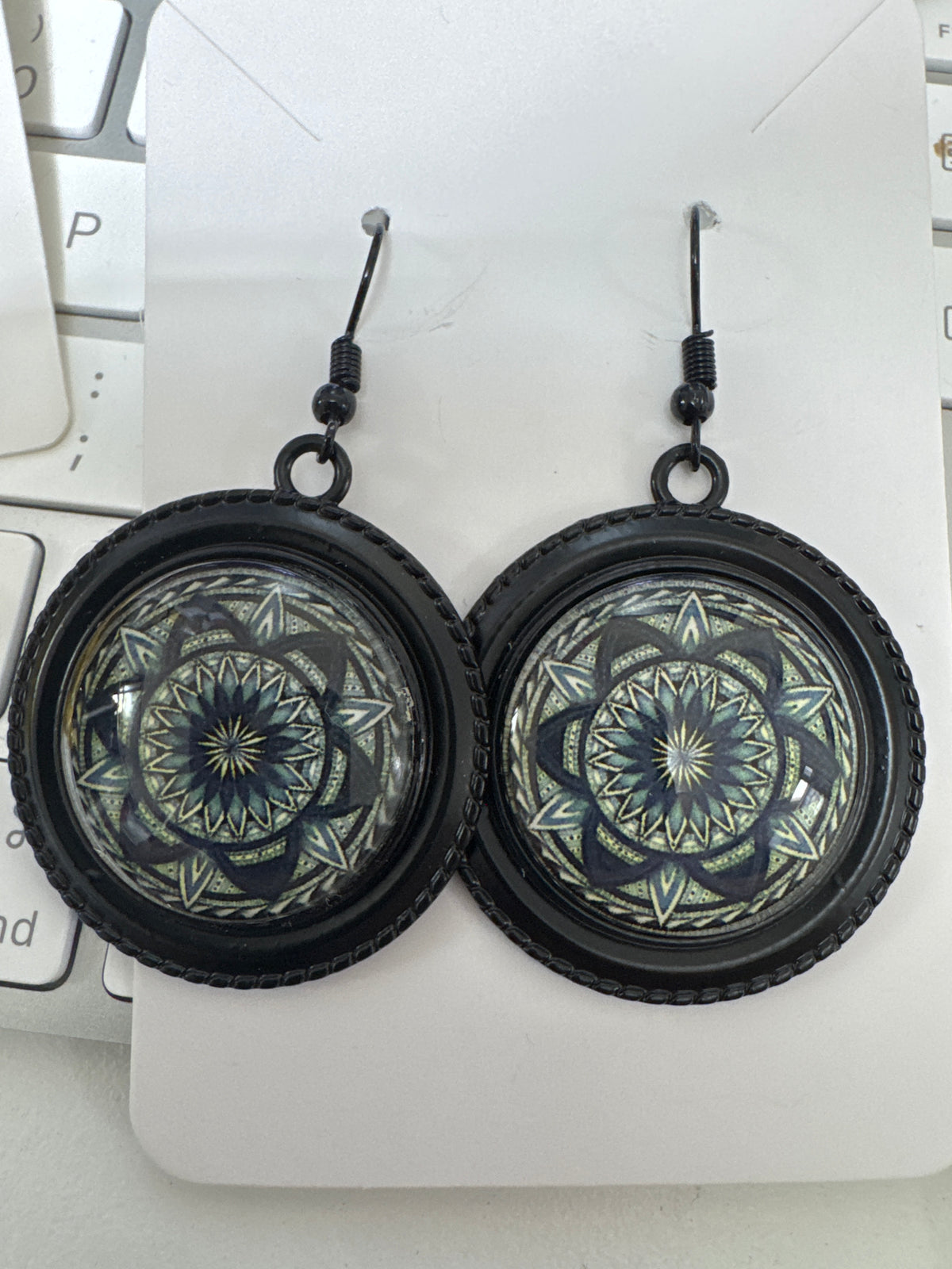 Glass Cabochon Black Enamel Dangle Earrings
