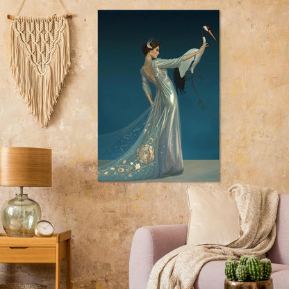 Celestial Elegance Crane & Stargazer Fine Art Poster – A Vision of Myth & Beauty