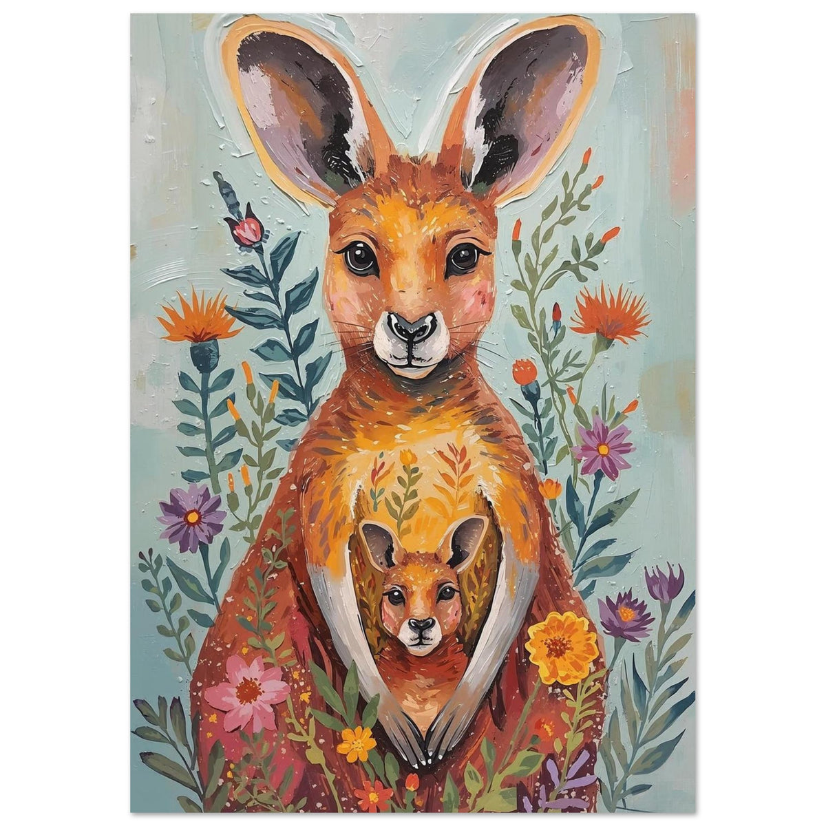 Abstract Impressionist Kangaroo & Joey Fine Art Poster – Vibrant Nature-Inspired Wall Decor 21x29.7 cm 8x12"