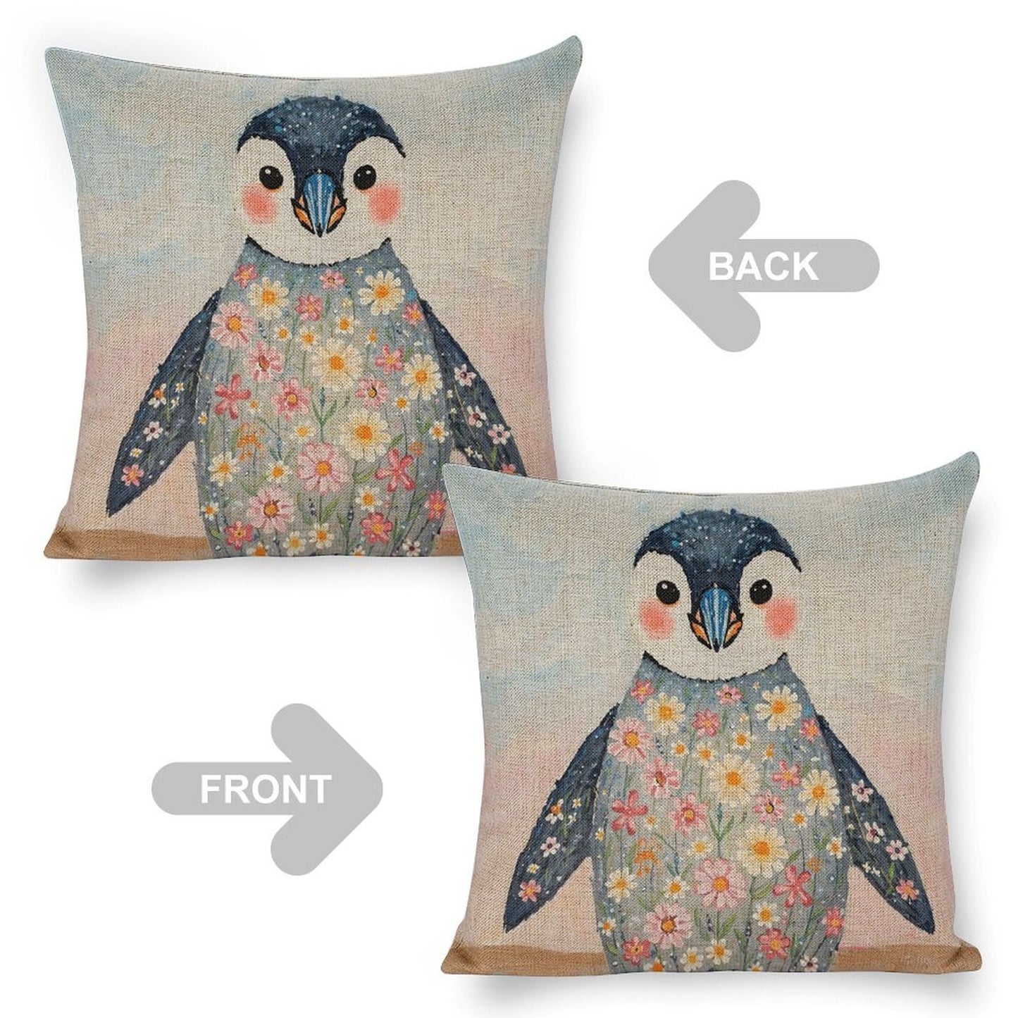 Floral Penguin Linen Cushion Pillow Cover — Double-Sided Print, 45×45cm