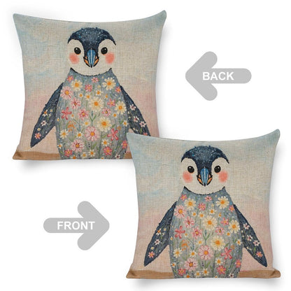 Floral Penguin Linen Cushion Pillow Cover — Double-Sided Print, 45×45cm