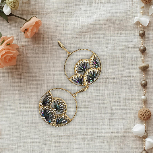 Woven Fan Earrings with Black AB Seed Beads