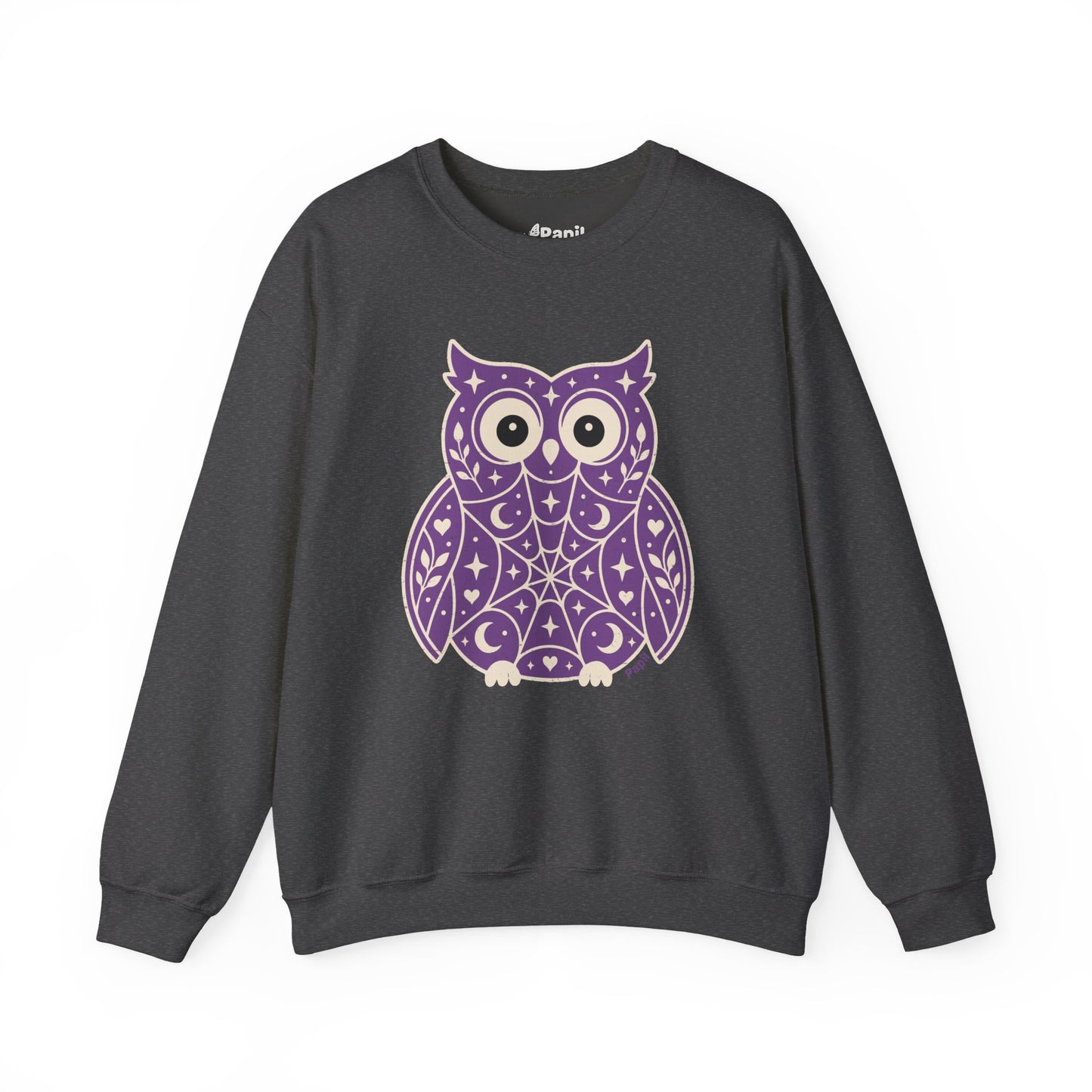 Decorative Folk Owl Crewneck Sweatshirt | Vintage Graphic Pullover Dark Heather