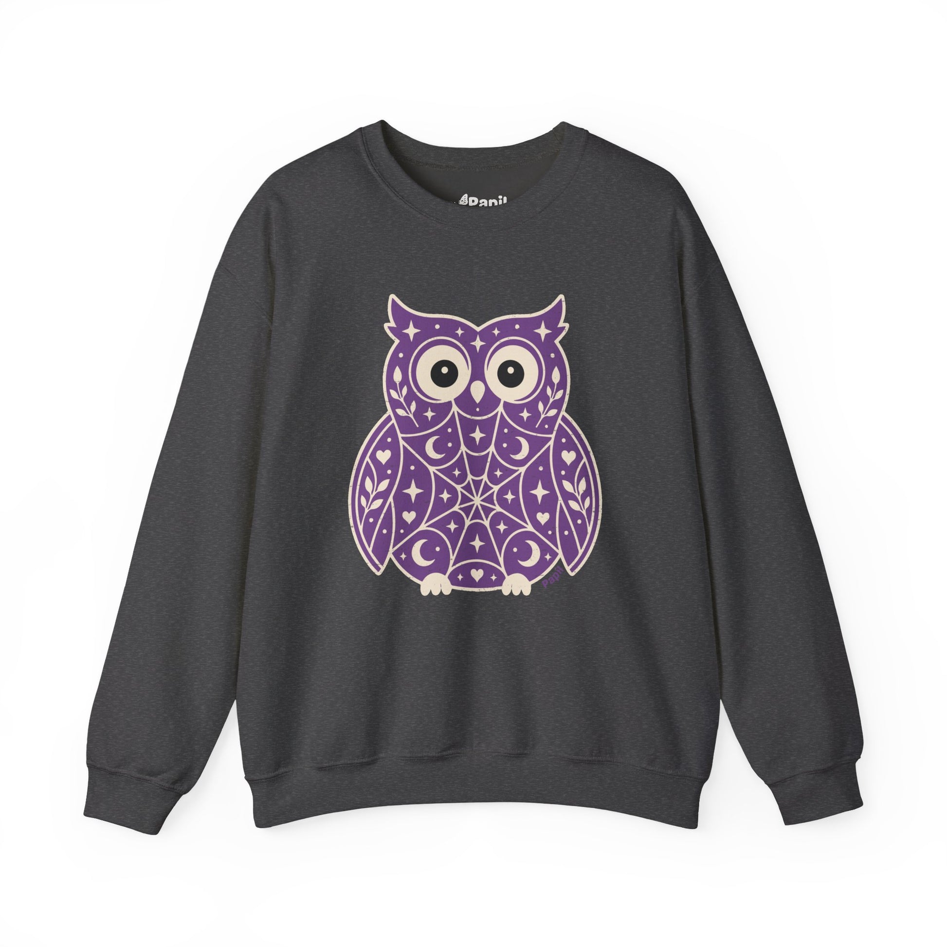 Decorative Folk Owl Crewneck Sweatshirt | Vintage Graphic Pullover Dark Heather