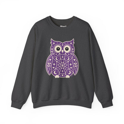 Decorative Folk Owl Crewneck Sweatshirt | Vintage Graphic Pullover Dark Heather