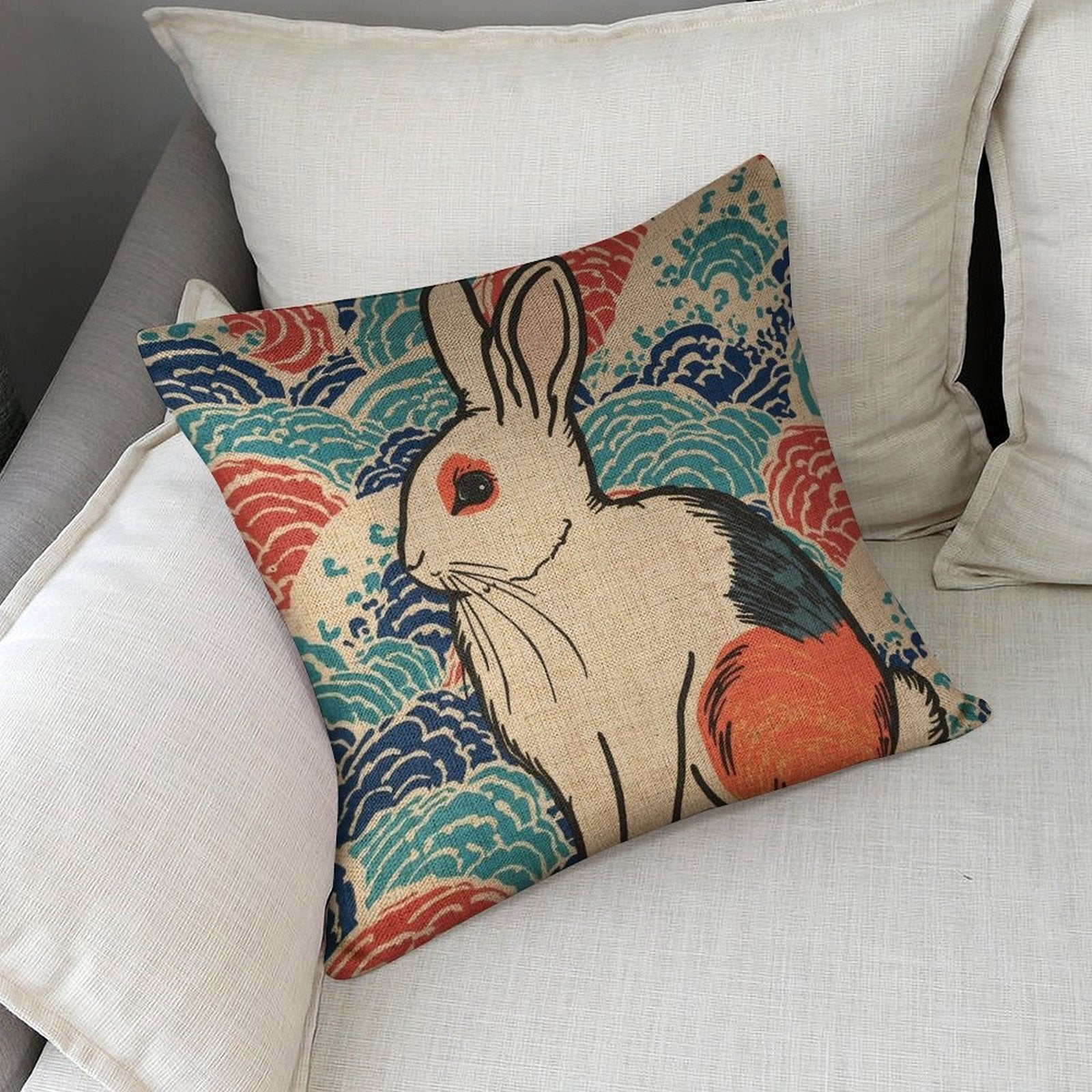 Vivid Rabbit Linen Double Sided Throw Pillow Cushion Covers |45×45 cm | Set of 2