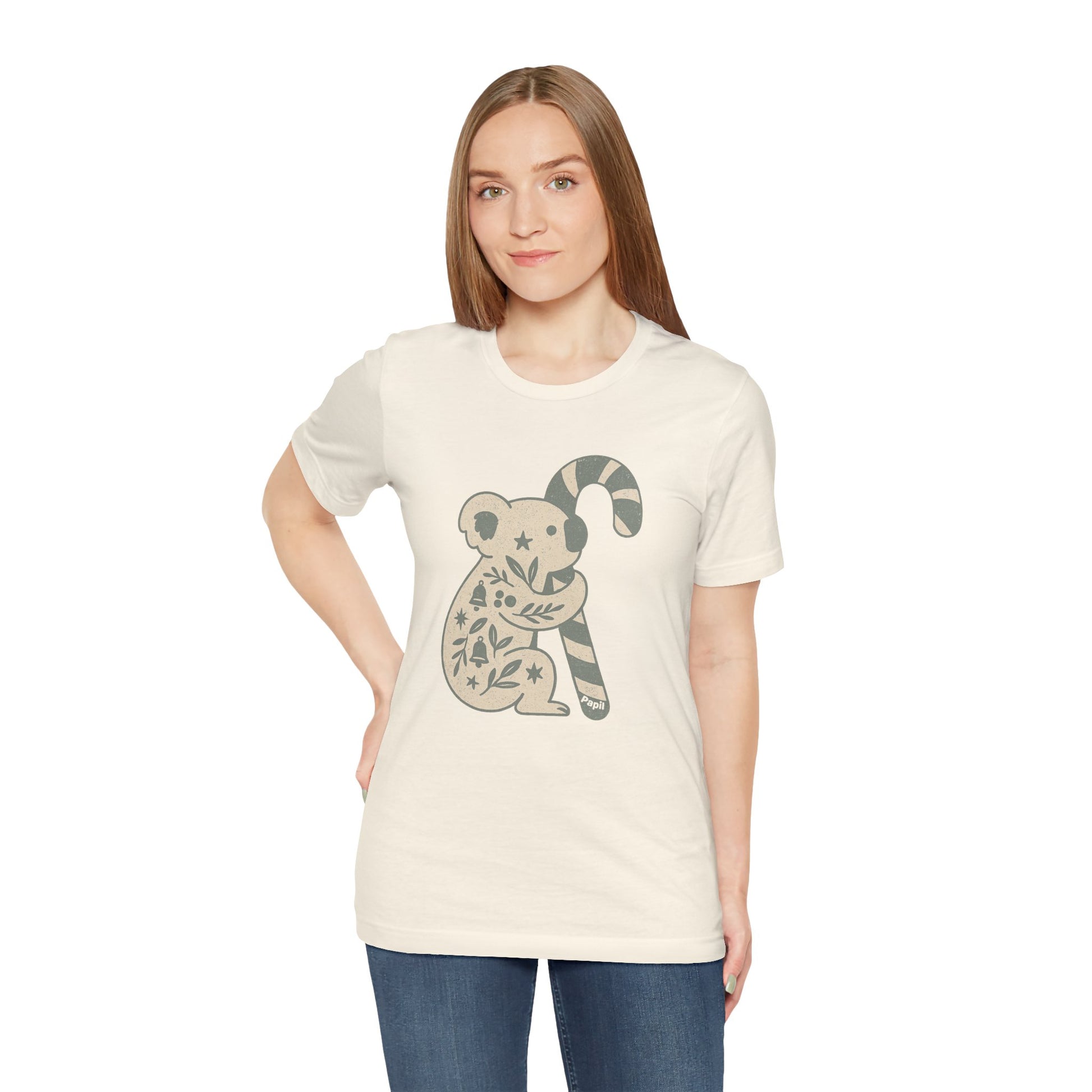 Floral Koala with Candy Cane Christmas Tee | Botanical Animal Woodland T-Shirt
