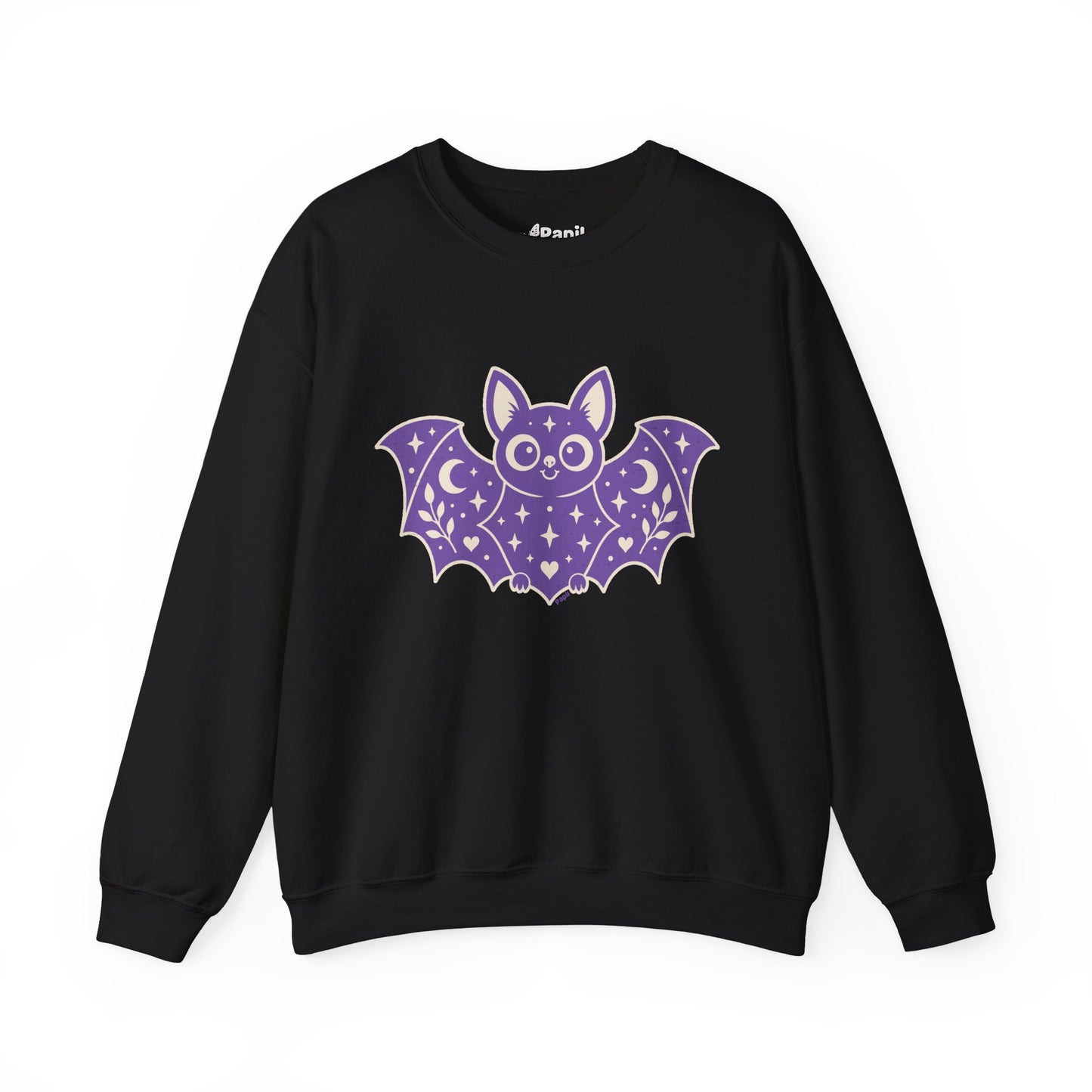 Cute Purple Bat Crewneck Sweatshirt | Kawaii Night Sky Halloween Pullover Black