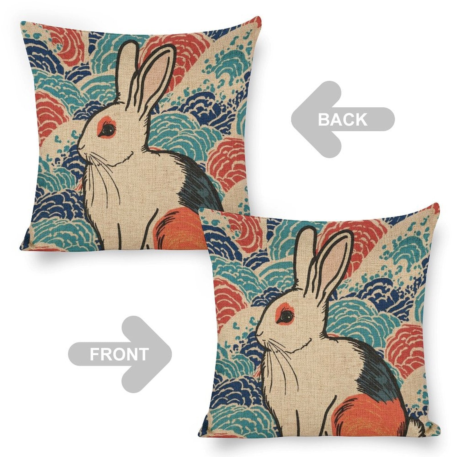 Vivid Rabbit Linen Cushion Pillow Cover — Double-Sided Print, 45×45cm