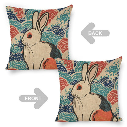 Vivid Rabbit Linen Cushion Pillow Cover — Double-Sided Print, 45×45cm
