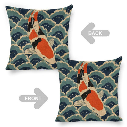 Koi Harmony Linen Cushion Pillow Cover — Double-Sided Print, 45×45cm