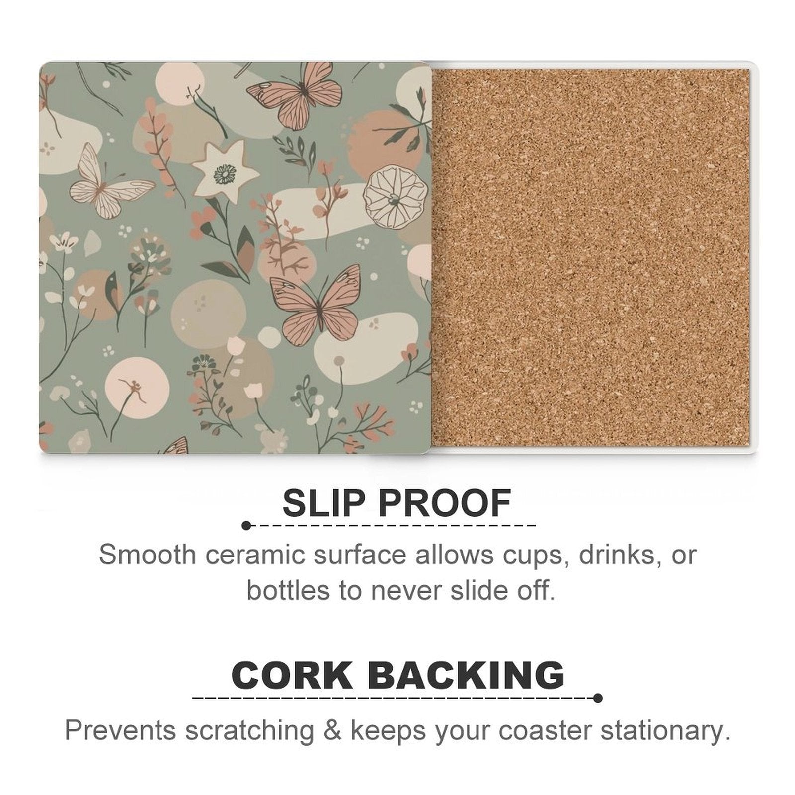 Sage Butterfly Botanical Ceramic Coasters (Set of 4 or 6)