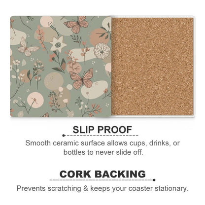 Sage Butterfly Botanical Ceramic Coasters (Set of 4 or 6)