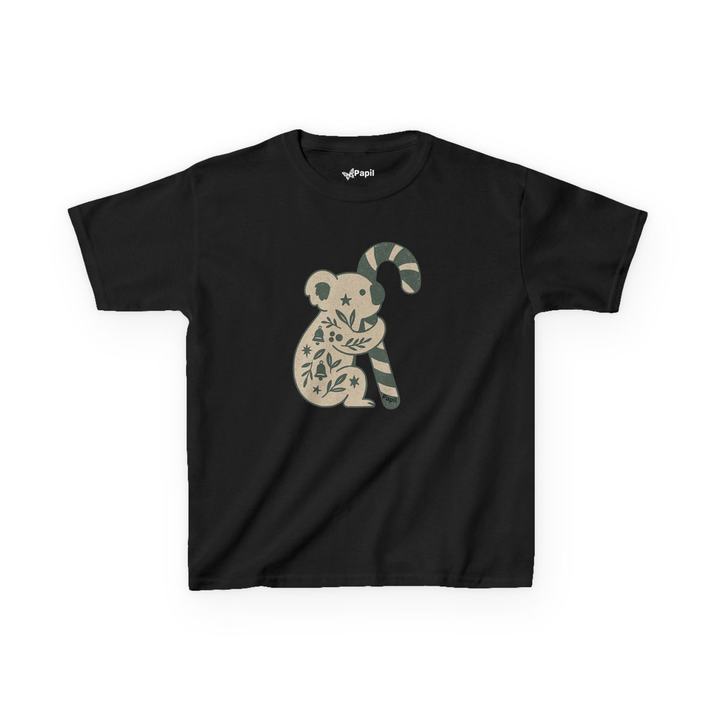 Floral Koala with Candy Cane Christmas Tee | Kids T-Shirt Black