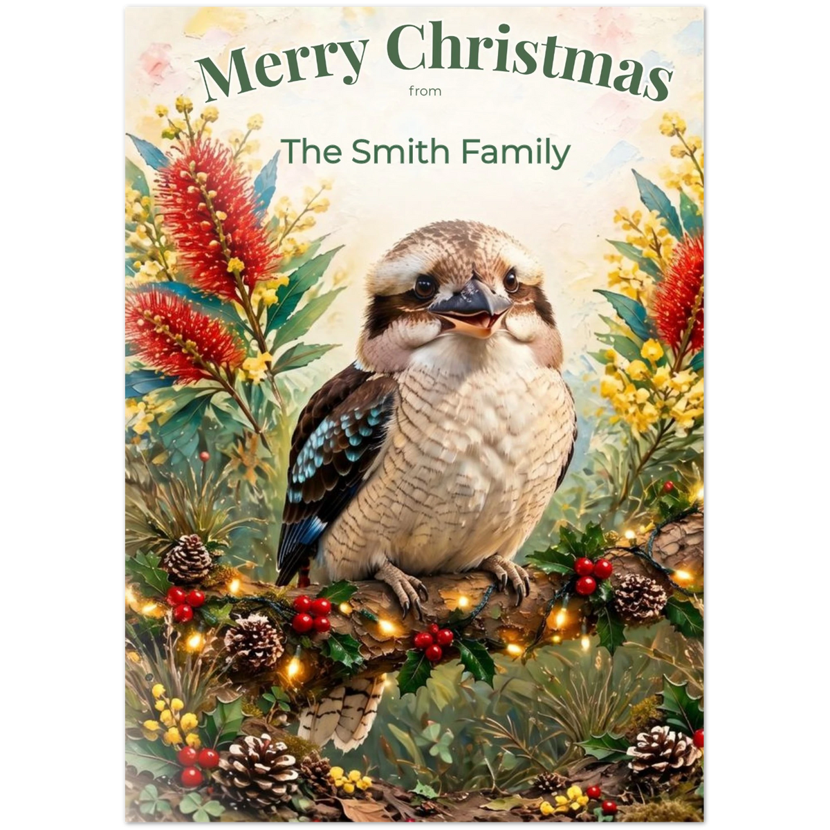 Personalised Christmas Cards Pack of 10 with Envelopes, Custom Family Name Kookaburra Christmas Card, Australian Animals Xmas Card Set