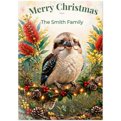 Personalised Christmas Cards Pack of 10 with Envelopes, Custom Family Name Kookaburra Christmas Card, Australian Animals Xmas Card Set