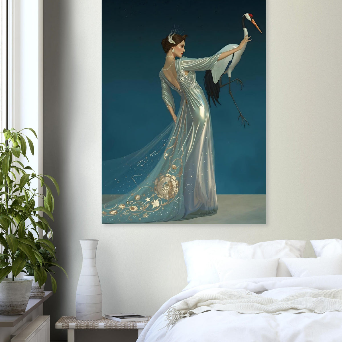 Celestial Elegance Crane & Stargazer Fine Art Poster – A Vision of Myth & Beauty