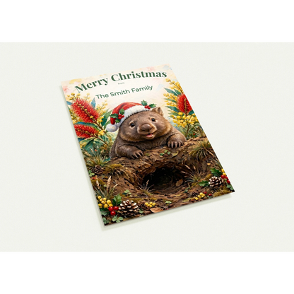 Personalised Christmas Postcards Pack of 10 with Envelopes, Custom Name Wombat Christmas Postcard, Australian Animals Xmas