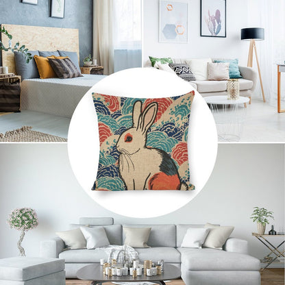 Vivid Rabbit Linen Cushion Pillow Cover — Double-Sided Print, 45×45cm